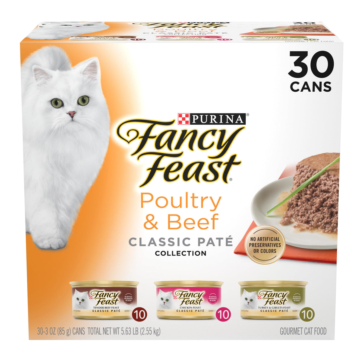 Fancy Feast turkey pate can — real turkey first ingredient for adult cats.