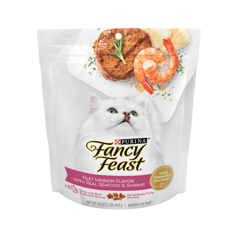 Fancy Feast Purina Filet Mignon dry cat food packaging highlighting 3-pack value