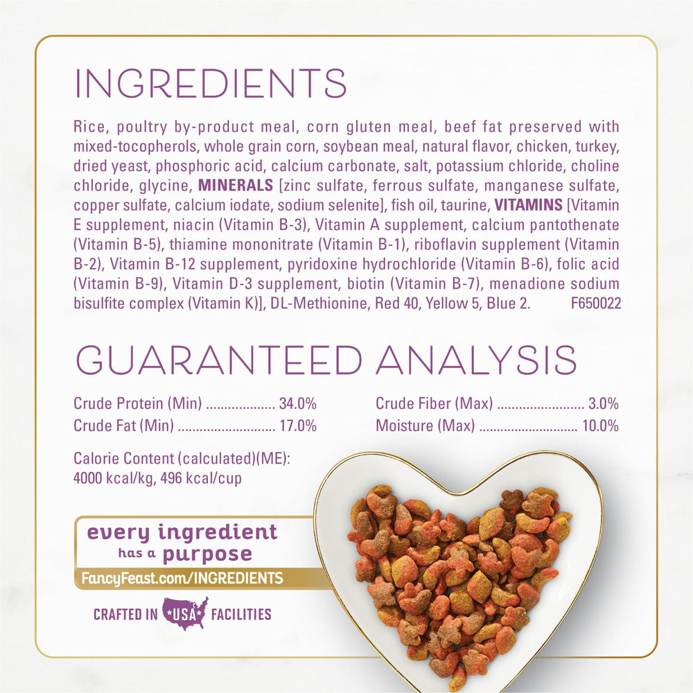Fancy Feast Purina gourmet dry kibble delivers a crisp texture that excites younger felines