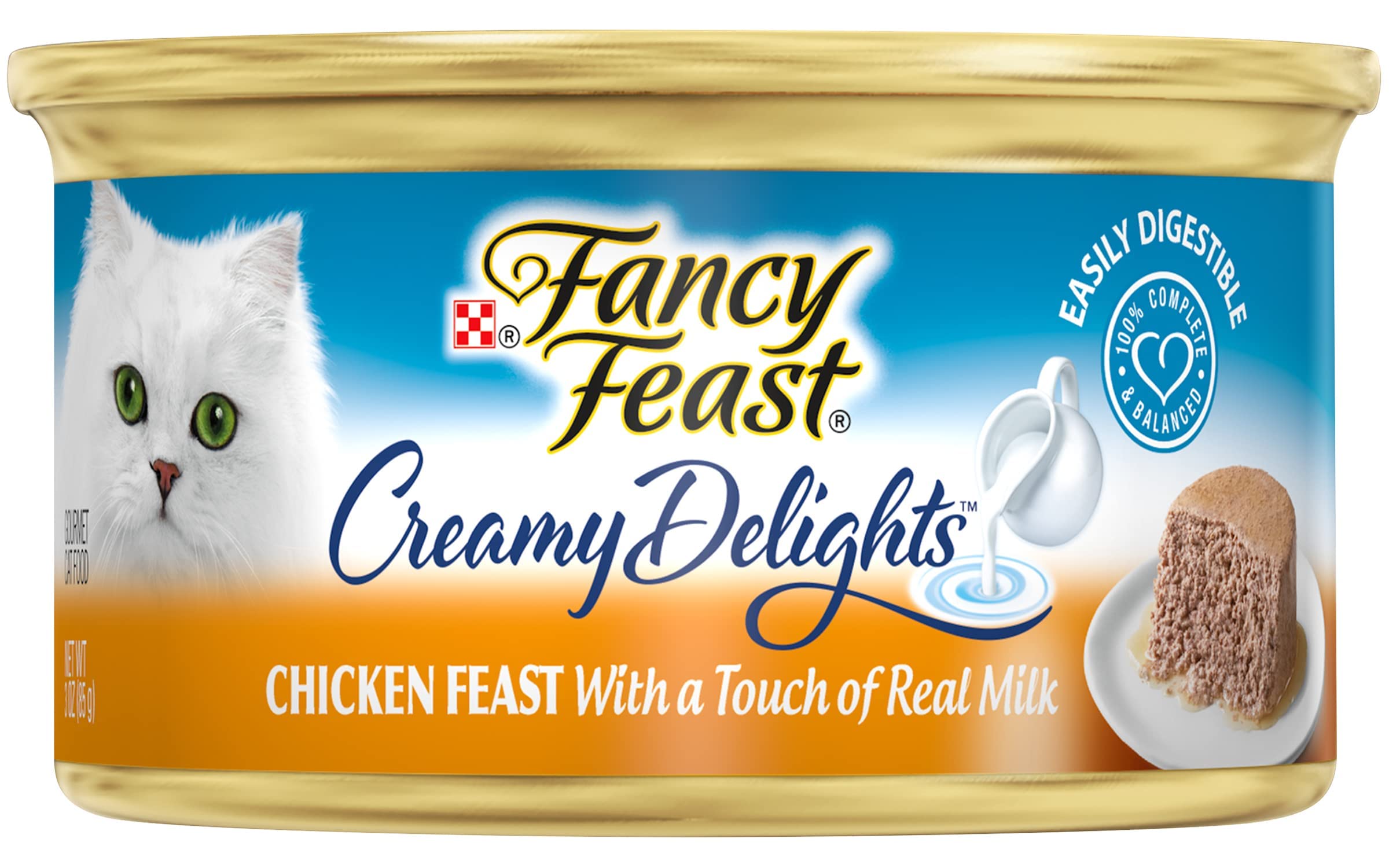 Fancy Feast Purina pate chicken can side highlighting easy digestibility with creamy texture