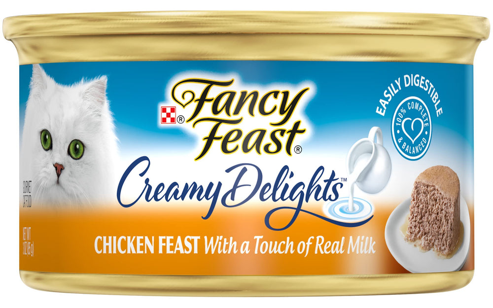 Fancy Feast Purina pate chicken can side highlighting easy digestibility with creamy texture