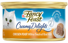 Fancy Feast Purina pate chicken can side highlighting easy digestibility with creamy texture