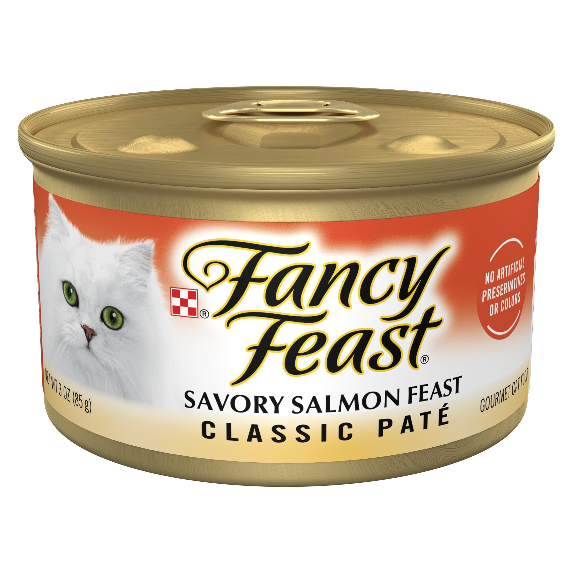 Fancy Feast Salmon Feast pate cans front view; convenient 24-pack meals.