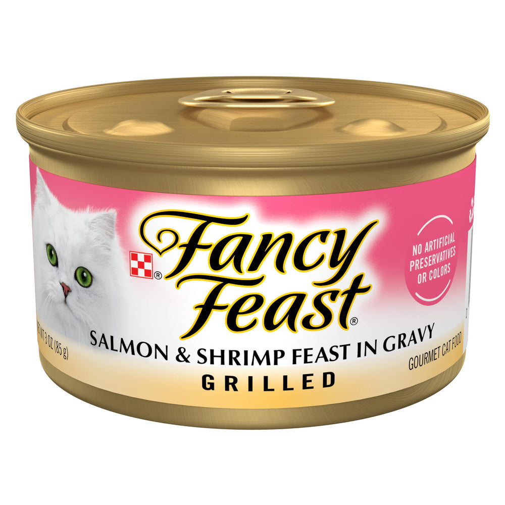 Fancy Feast grilled salmon-shrimp can reveals savory gravy ideal for mealtime.