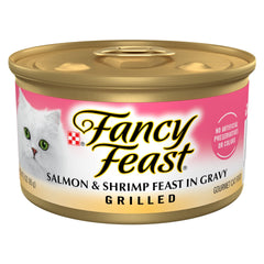 Fancy Feast grilled salmon-shrimp can reveals savory gravy ideal for mealtime.