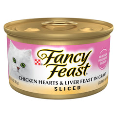 Fancy Feast sliced chicken hearts and liver feast cans with gravy offer a palatable dinner option