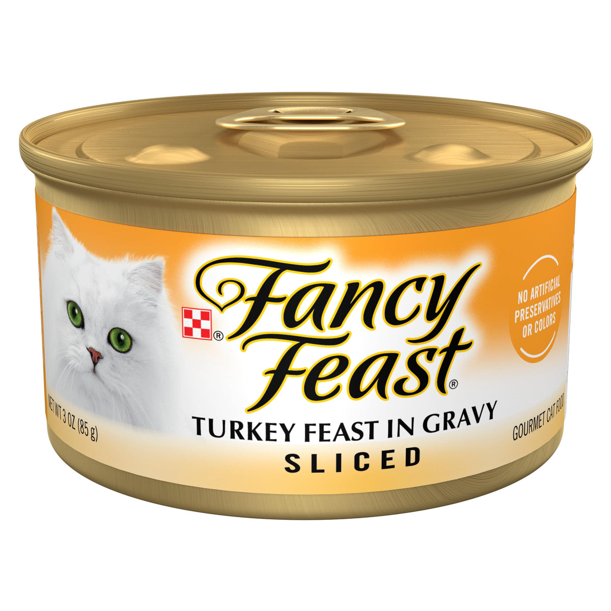 Fancy Feast sliced-turkey-feast-wet-cat-food-gravy-can closeup shows turkey slices in gravy for adult cats