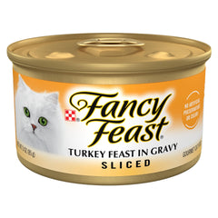 Fancy Feast sliced-turkey-feast-wet-cat-food-gravy-can closeup shows turkey slices in gravy for adult cats