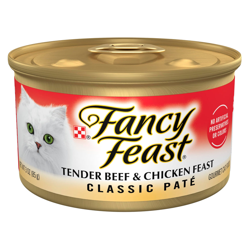 Fancy Feast tender beef and chicken feast cans in a 24-pack for easy feeding.