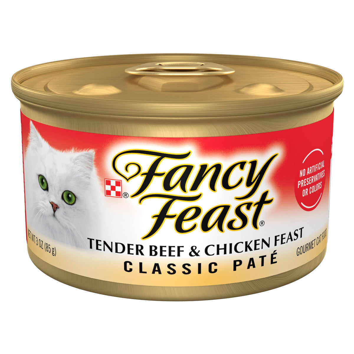 Fancy Feast tender beef and chicken feast cans in a 24-pack for easy feeding.