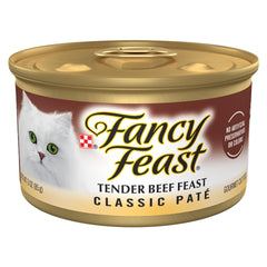 Fancy Feast Tender Beef Feast 3oz cans pack-24 on shelf for easy daily meals