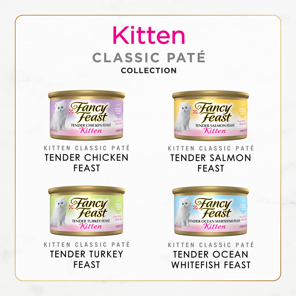 Fancy Feast Tender Chicken kitten bowl promotes appetite-friendly meals with soft pate.