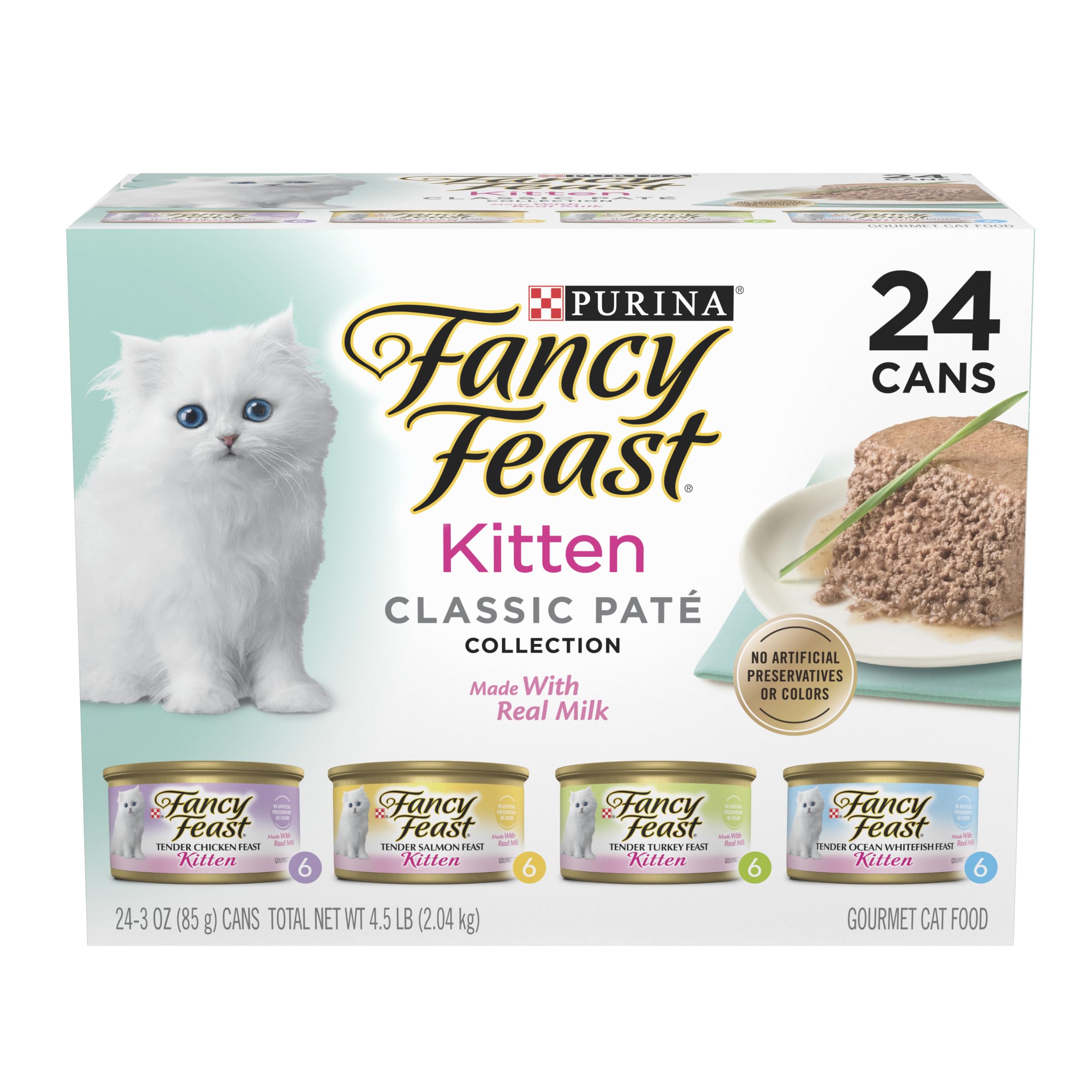 Fancy Feast Tender Ocean Whitefish kitten serving supports growth with real seafood protein.