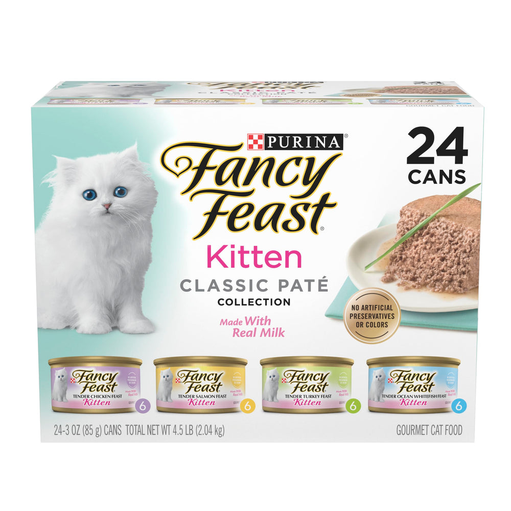 Fancy Feast Tender Ocean Whitefish kitten serving supports growth with real seafood protein.