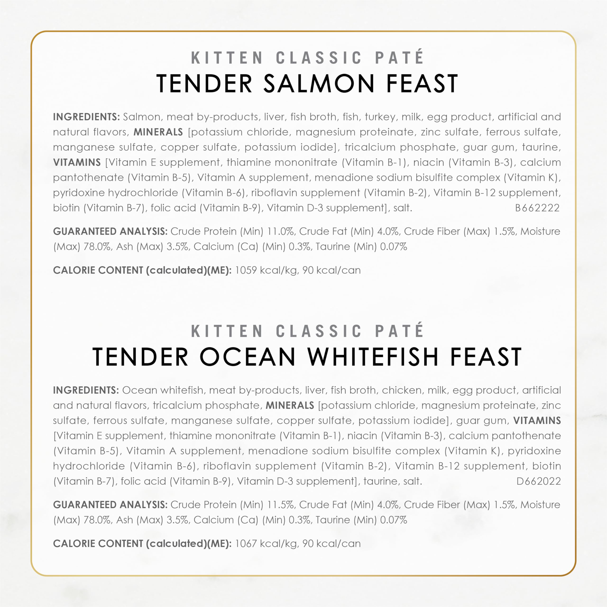 Fancy Feast Tender Ocean Whitefish label close-up signals four flavors inside.
