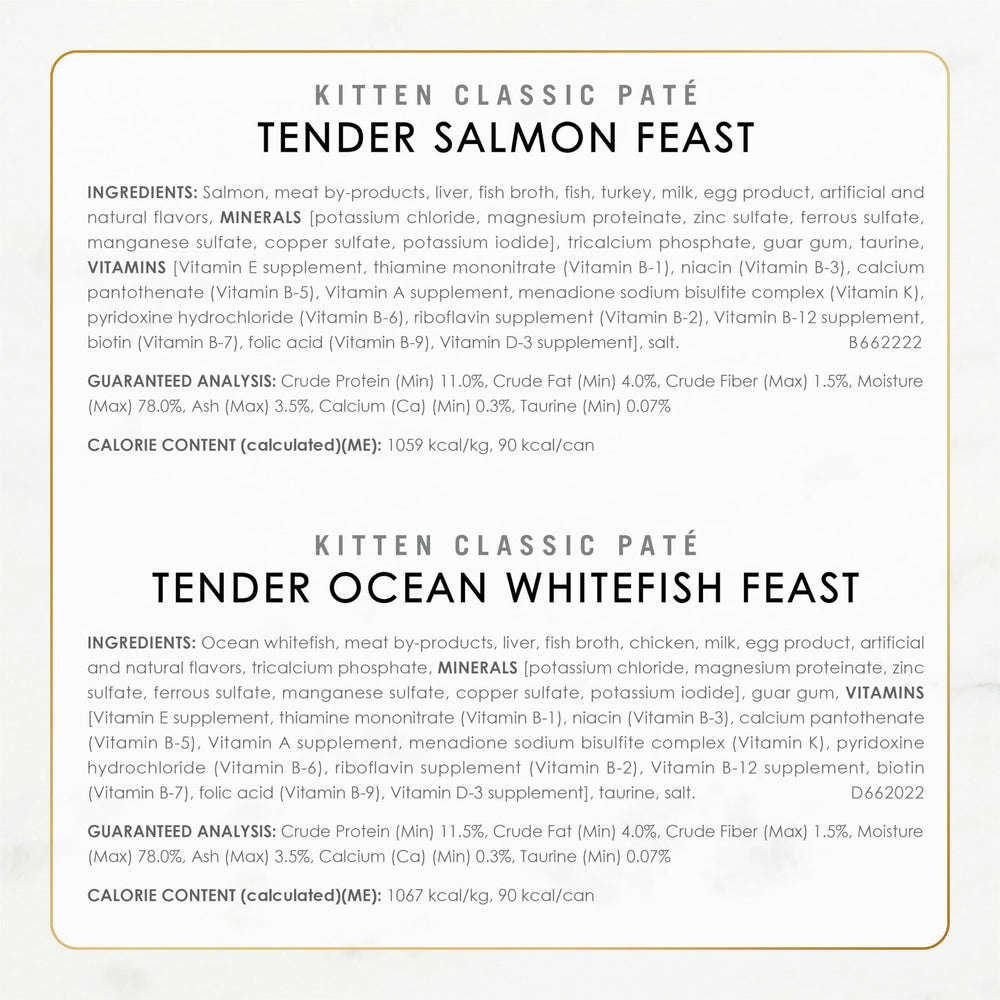 Fancy Feast Tender Ocean Whitefish label close-up signals four flavors inside.