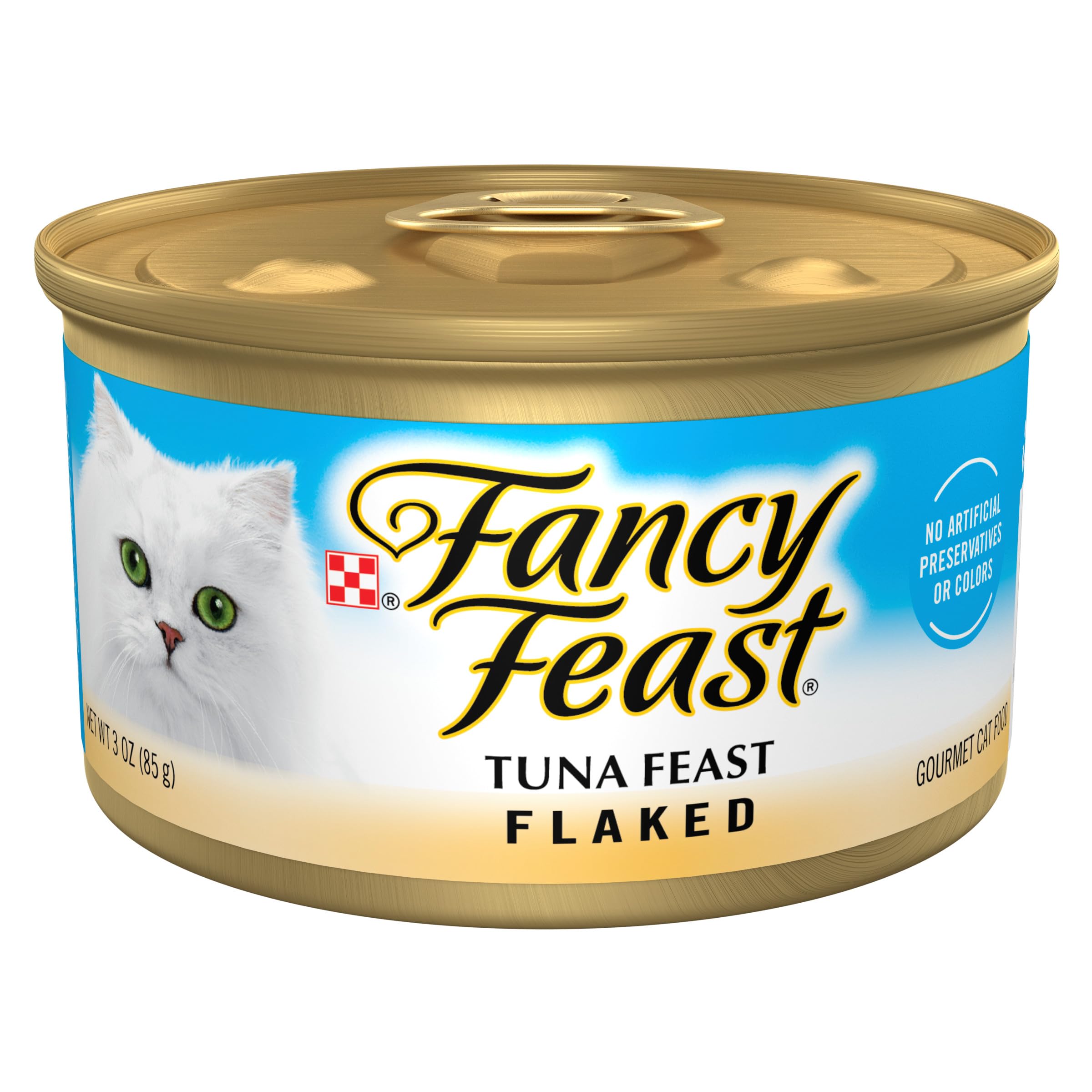 Fancy Feast tuna-feast-cans-closeup with flaky texture that entices picky eaters.