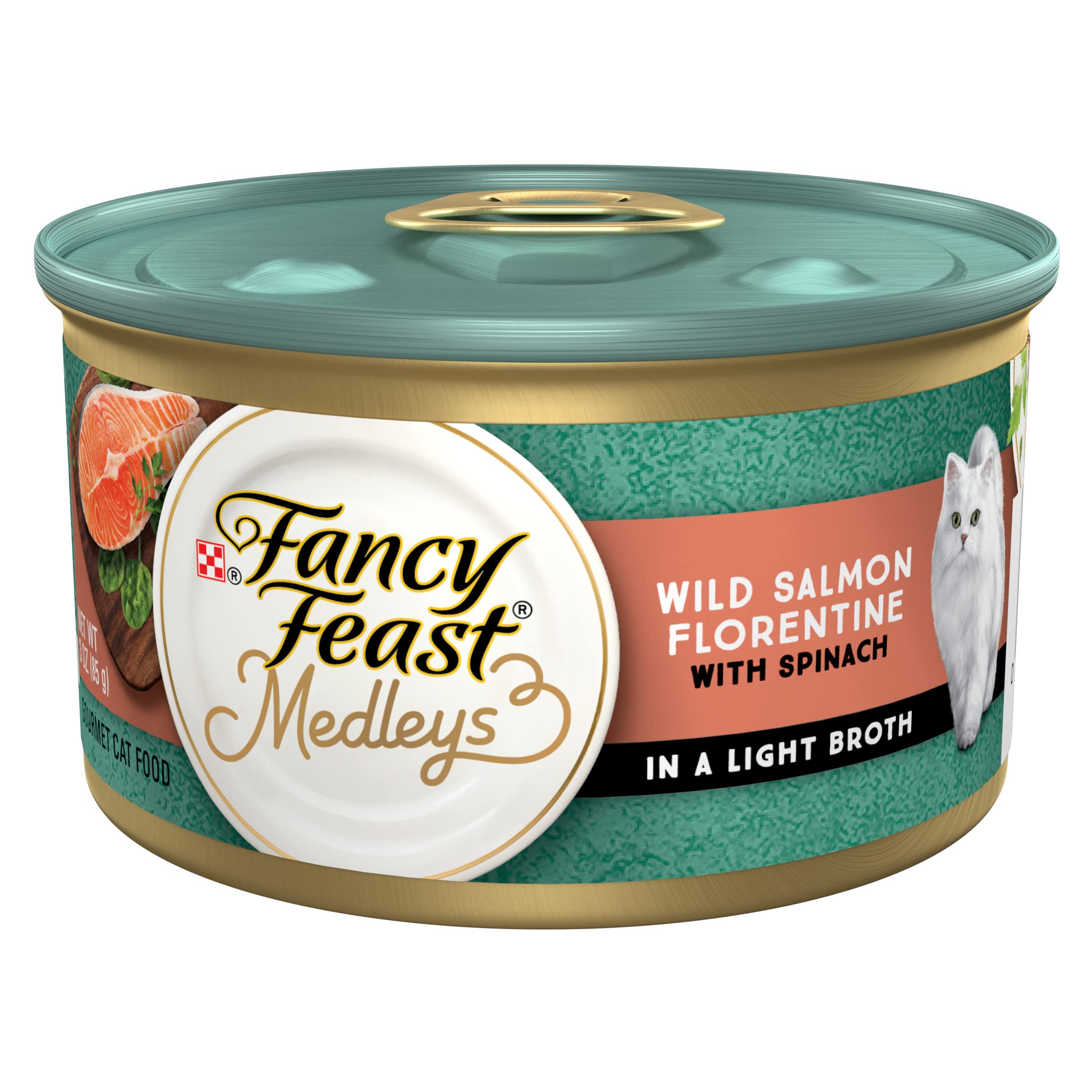 Fancy Feast Wild Salmon Florentine cans show tender seafood for adult cats balanced nutrition.
