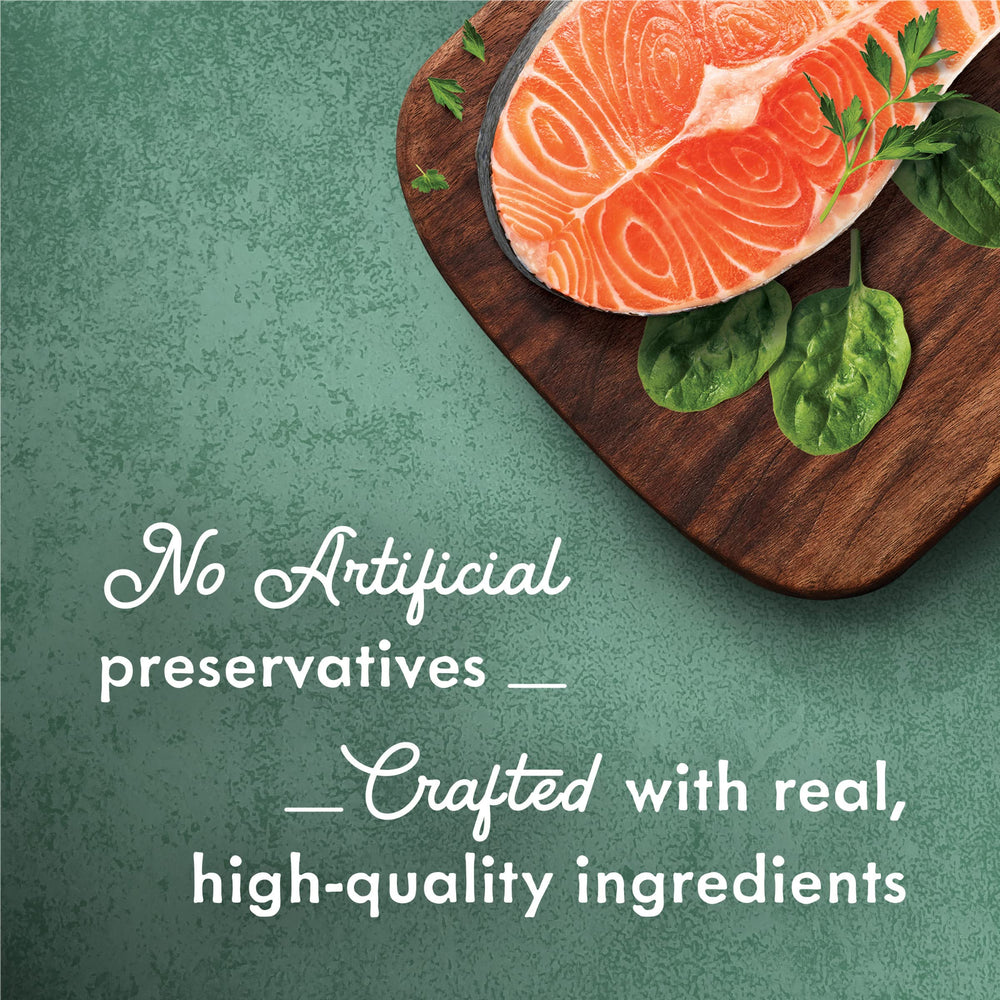 Fancy Feast Wild Salmon Florentine ingredients closeup showcasing real salmon and greens.