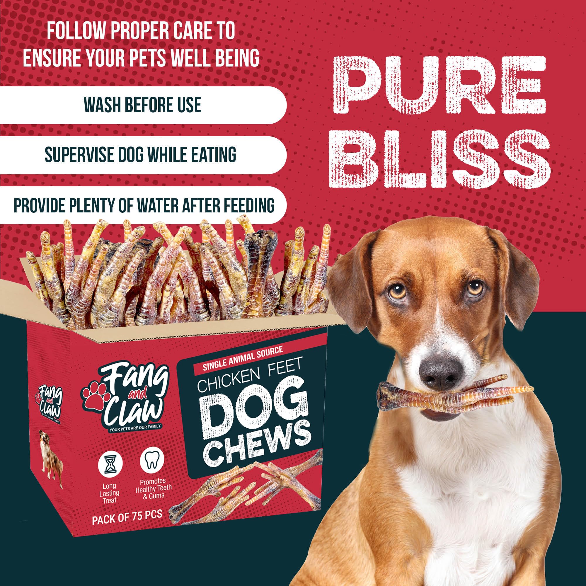 Fang and Claw air-dried chicken feet package emphasizes texture, aroma, and real-food chews.