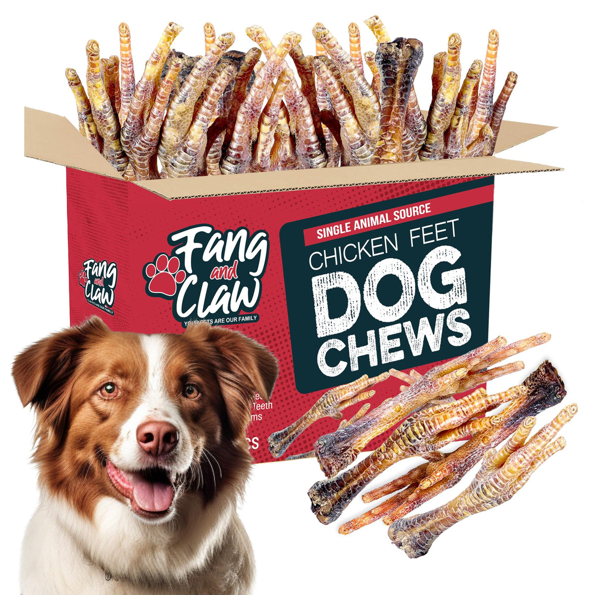 Fang and Claw bulk 75-count chicken feet bag open highlights long-lasting natural chews for dogs.