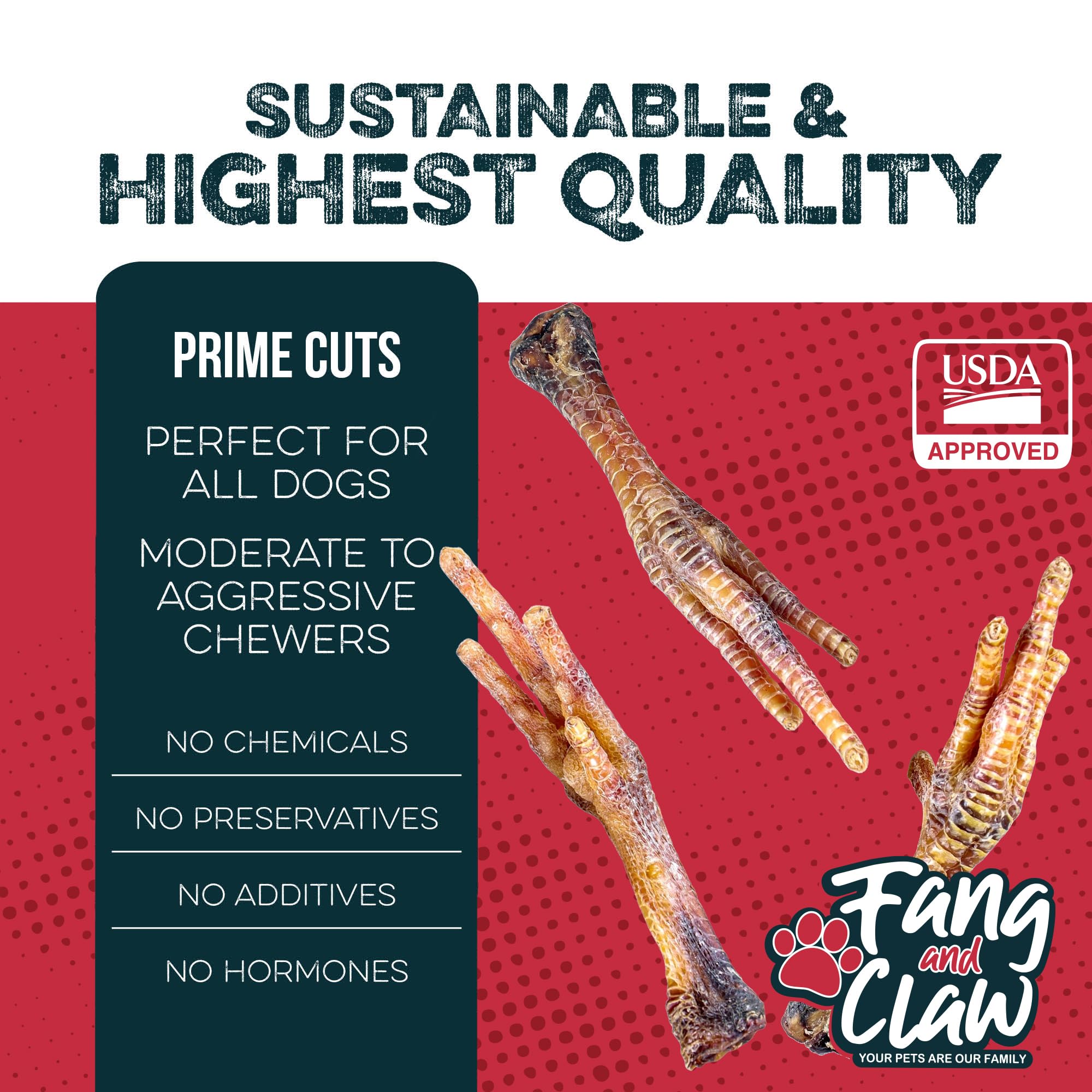 Fang and Claw chicken feet close-up crunch showcases protein-rich, low-calorie dog treat.