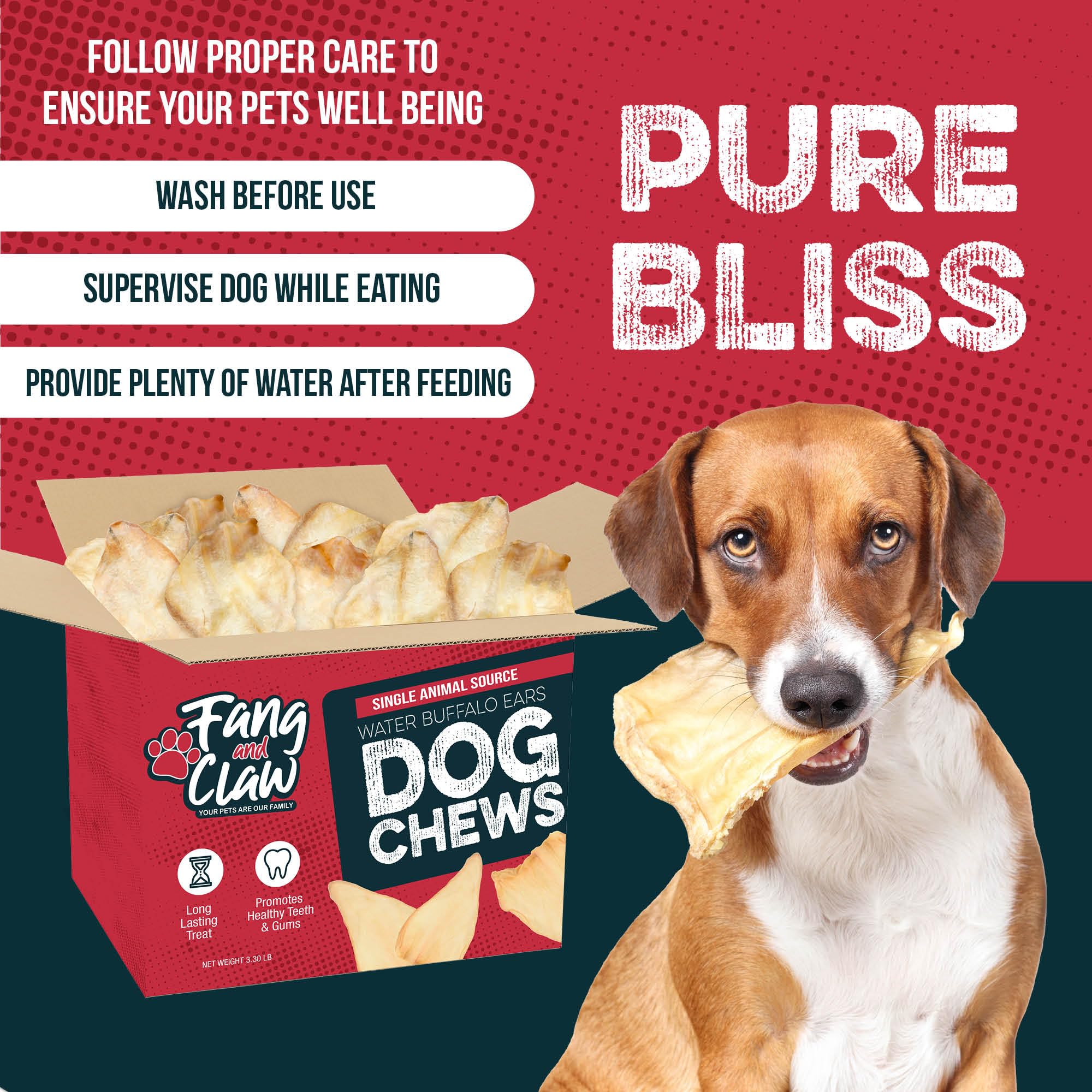 Fang & Claw buffalo ear texture suggests natural plaque-control chewing.