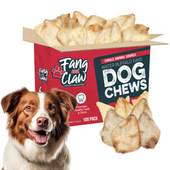 Fang & Claw Water Buffalo Ears packaging demonstrates a long-lasting chew for strong chewers.