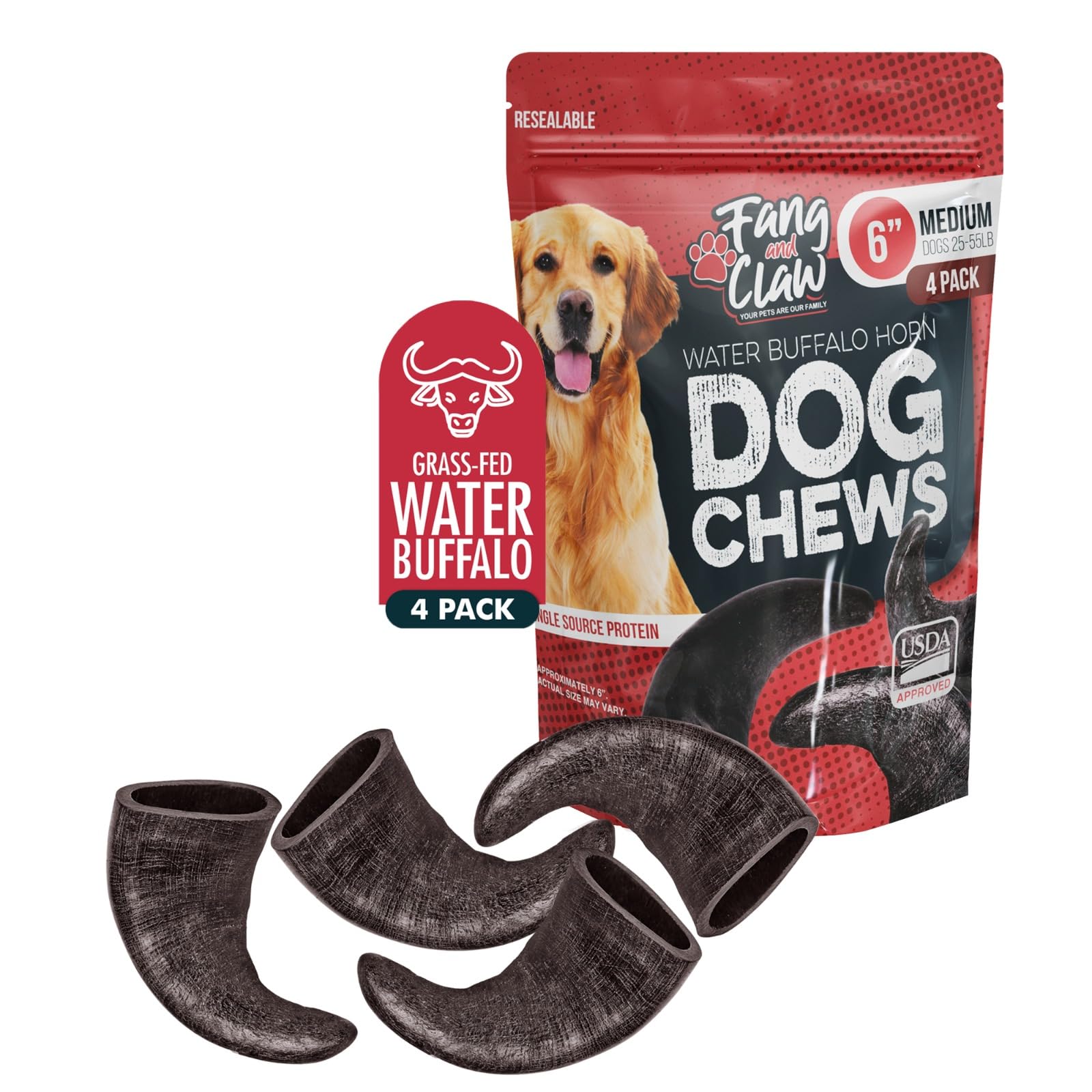 Fang and Claw buffalo horn dog chew pack 4, medium 6-inch, long-lasting for aggressive chewers.