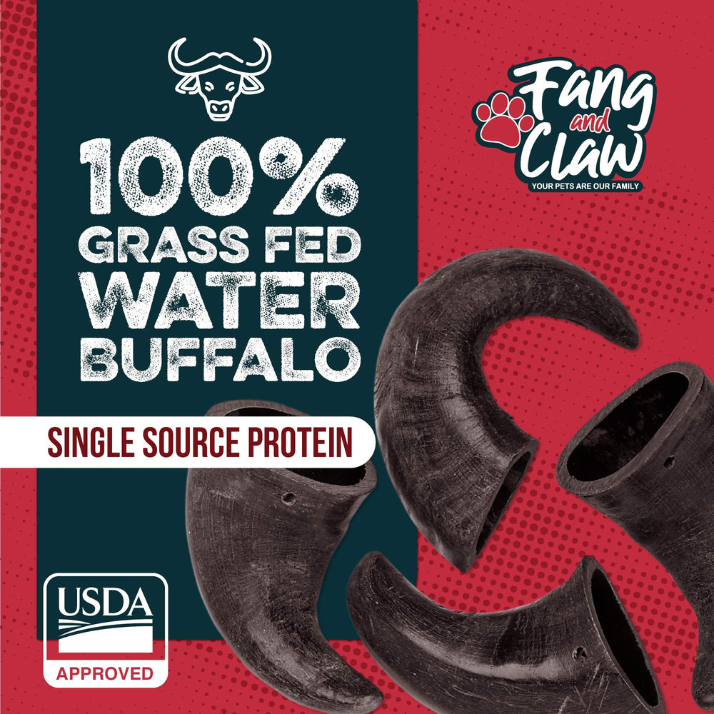 Fang and Claw single-ingredient buffalo horn chew emphasizing purity.