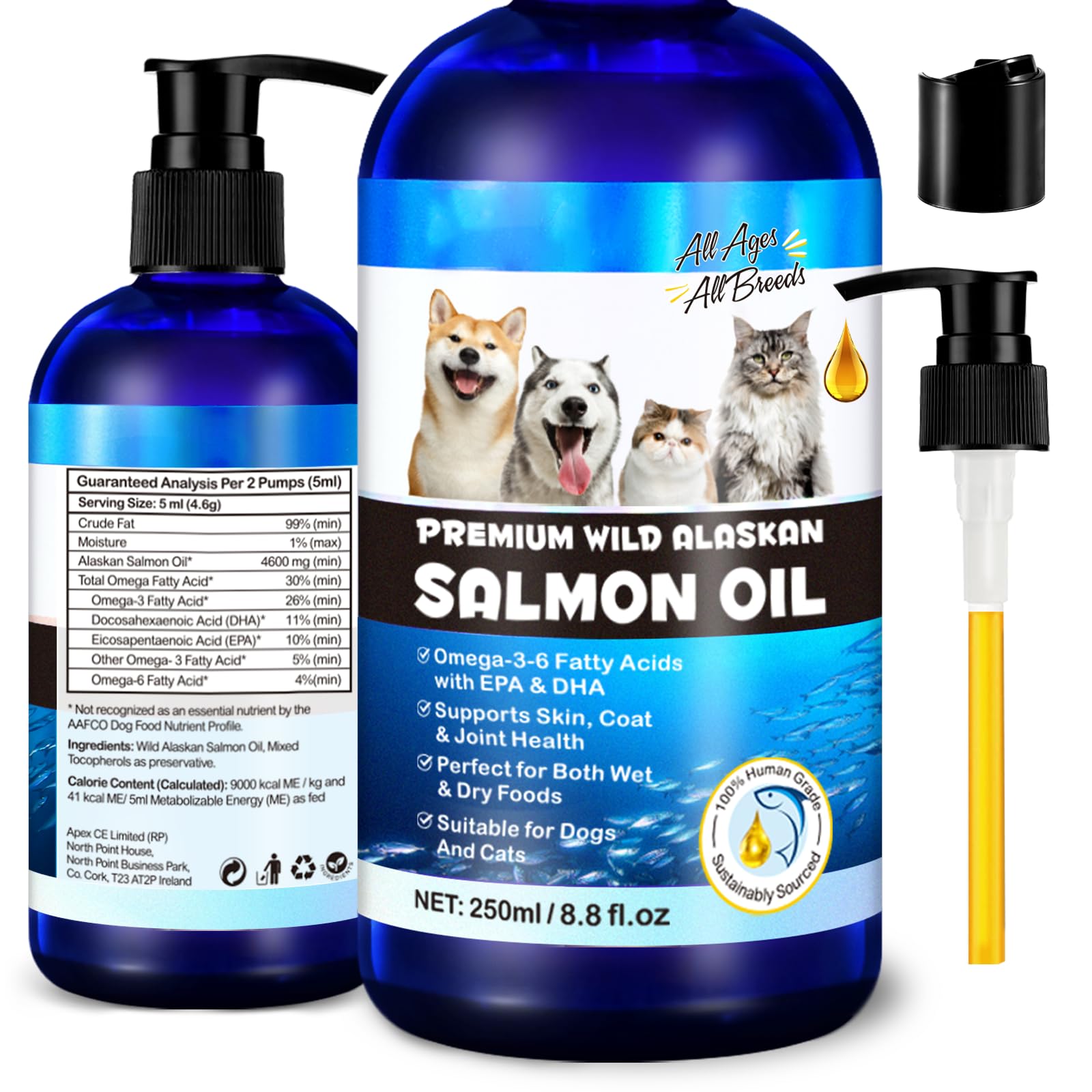 FANGCUN Alaskan Salmon Oil bottle pour demonstrates convenient dosing and supports healthy skin and coat.