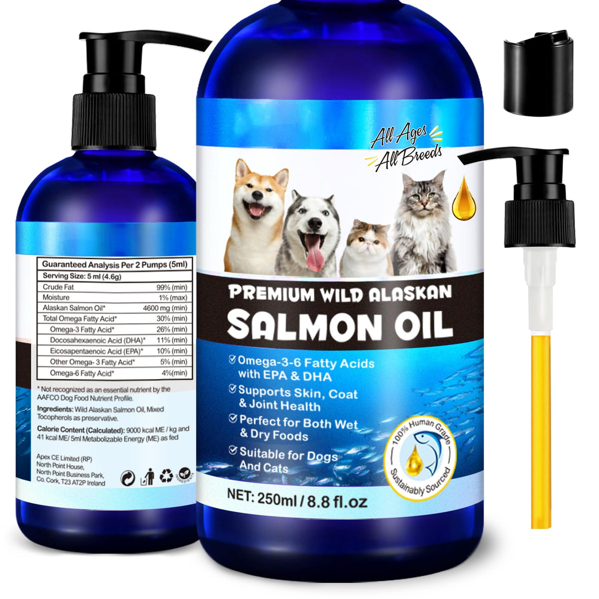 FANGCUN Alaskan Salmon Oil bottle pour demonstrates convenient dosing and supports healthy skin and coat.