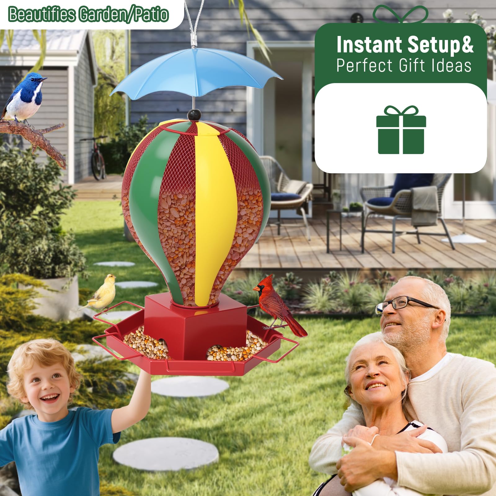 Fanosy bird feeder outdoors with 6lb capacity reduces refills and keeps birds fed longer