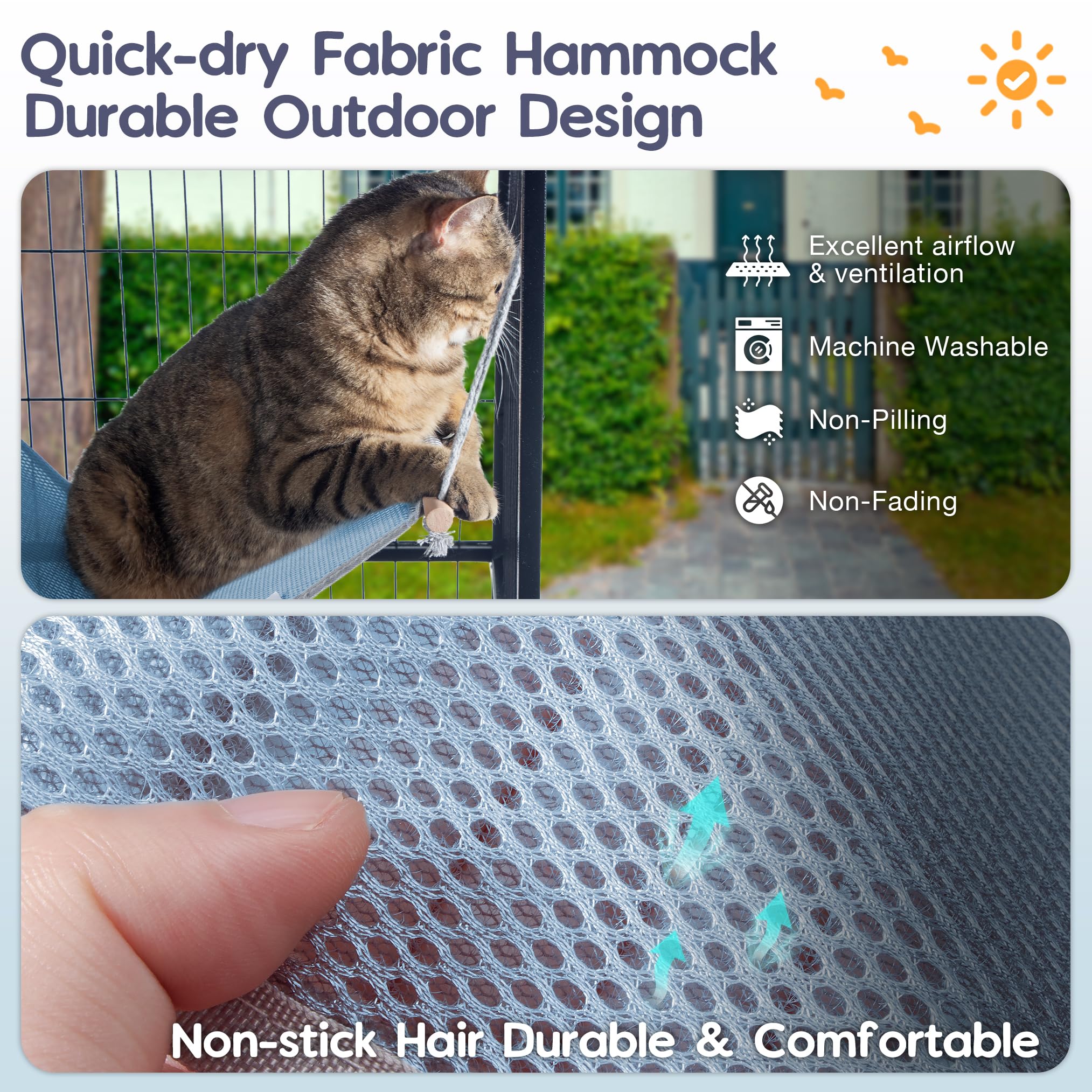 Fantasreen cat hammock outdoor cooling fabric demonstrates quick-dry comfort under sun