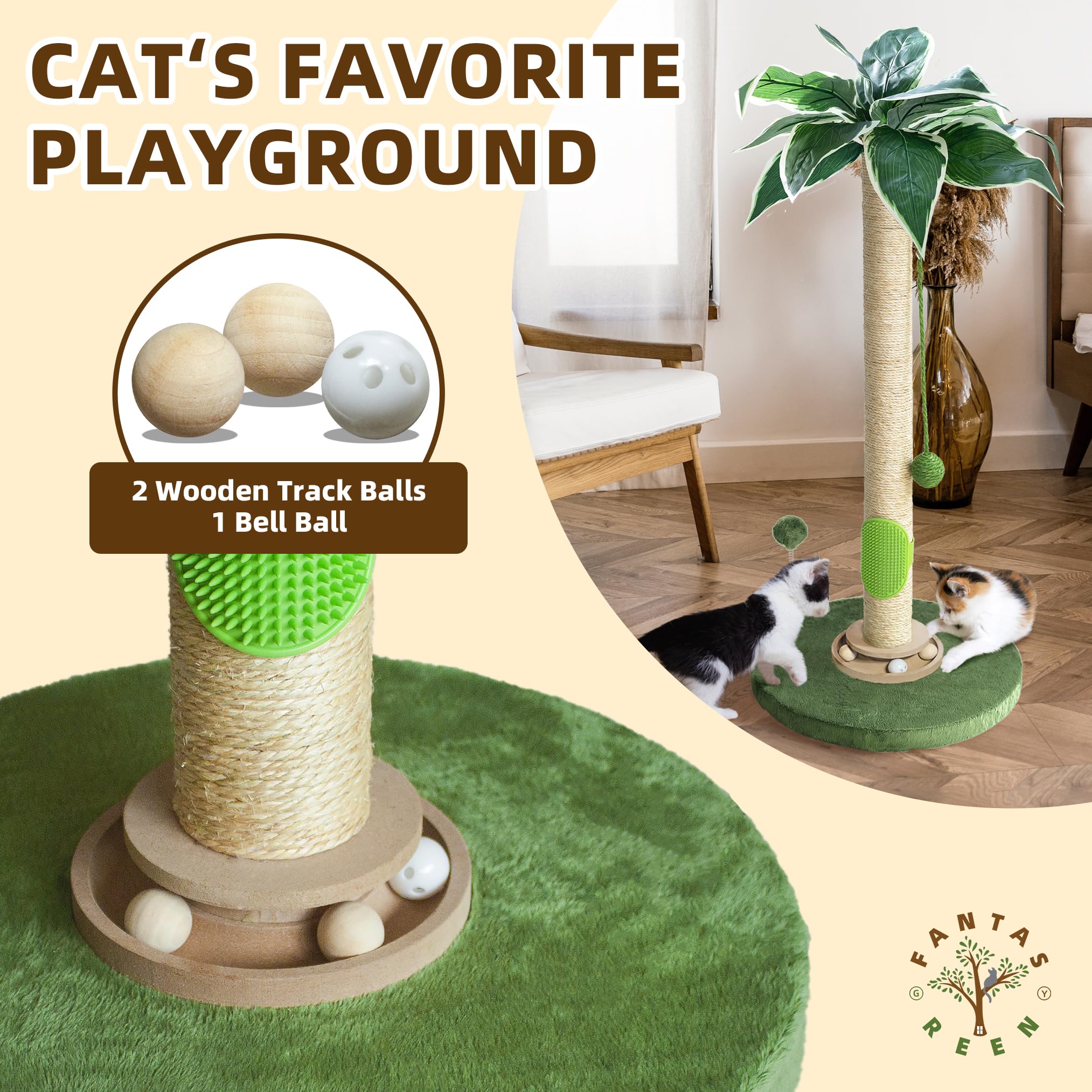 Fantasreen cat scratching post natural sisal wrap offers a durable scratching surface.