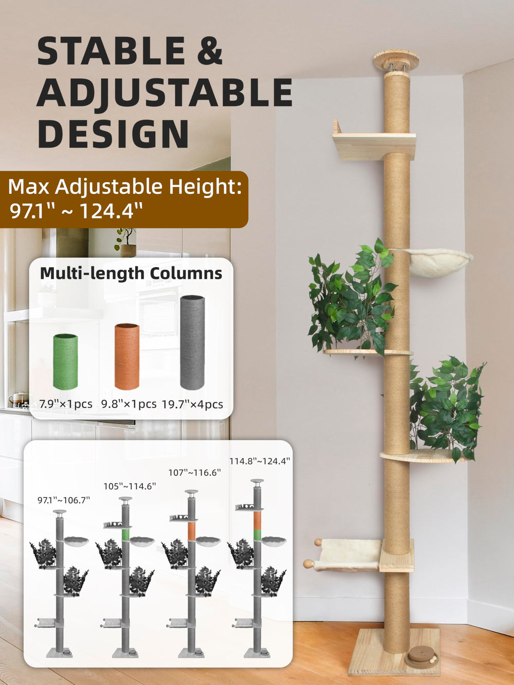 Fantasreen cat tree adjustable height rail fits different ceiling heights