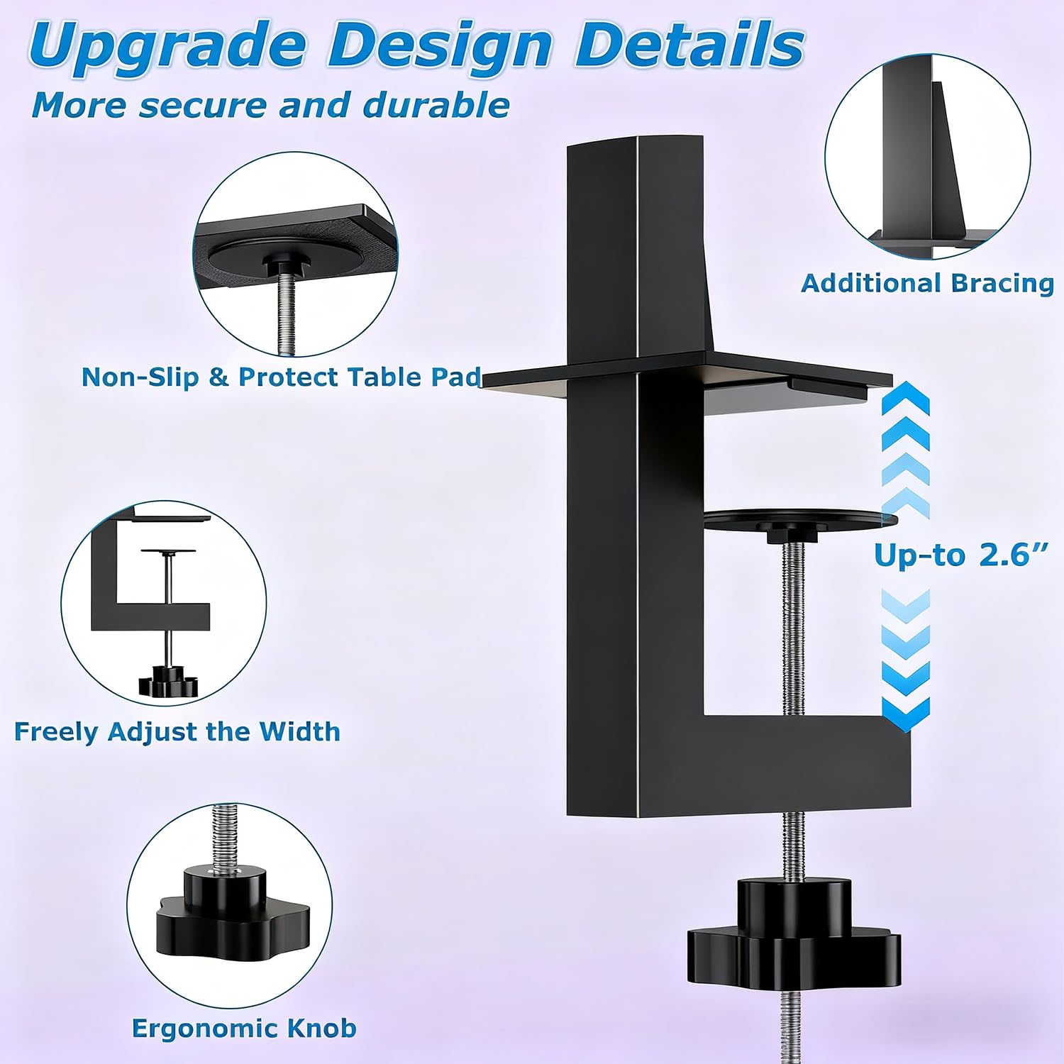 FANXSVL heavy duty clamp anchors securely to tabletops up to 1.6 inches thick