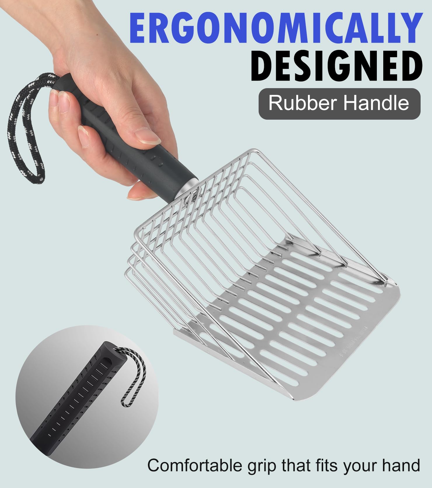 Faoemsey cat scoop includes stainless steel hook for tidy storage.