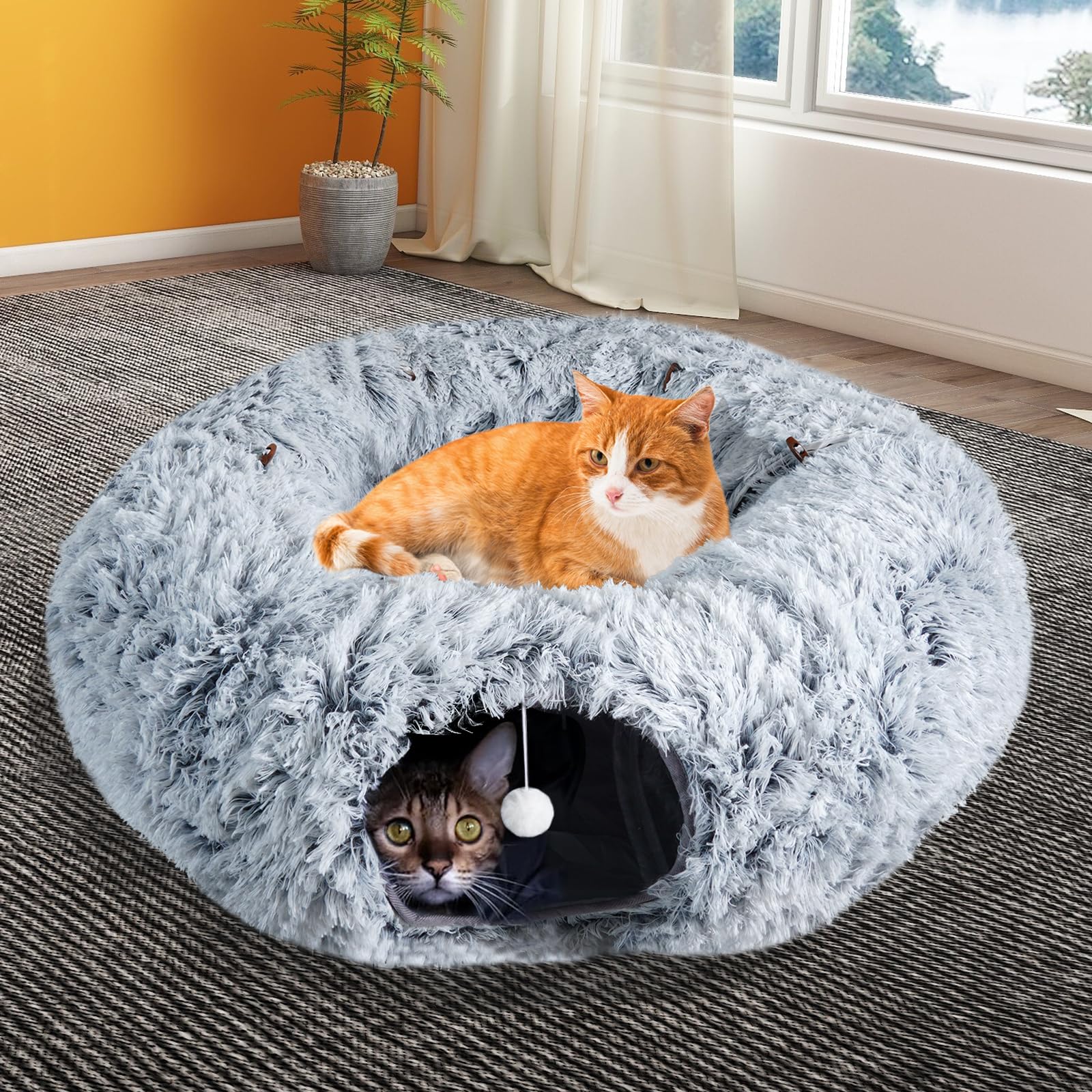 Farhming durable plush tunnel withstands daily scratching and play sessions.