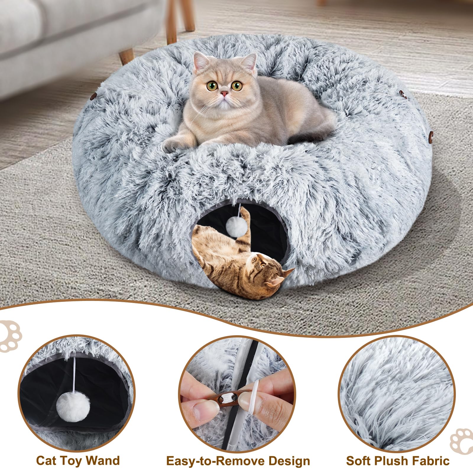 Farhming cat tunnel peekaboo holes invites active play with hanging cotton-ball toys.