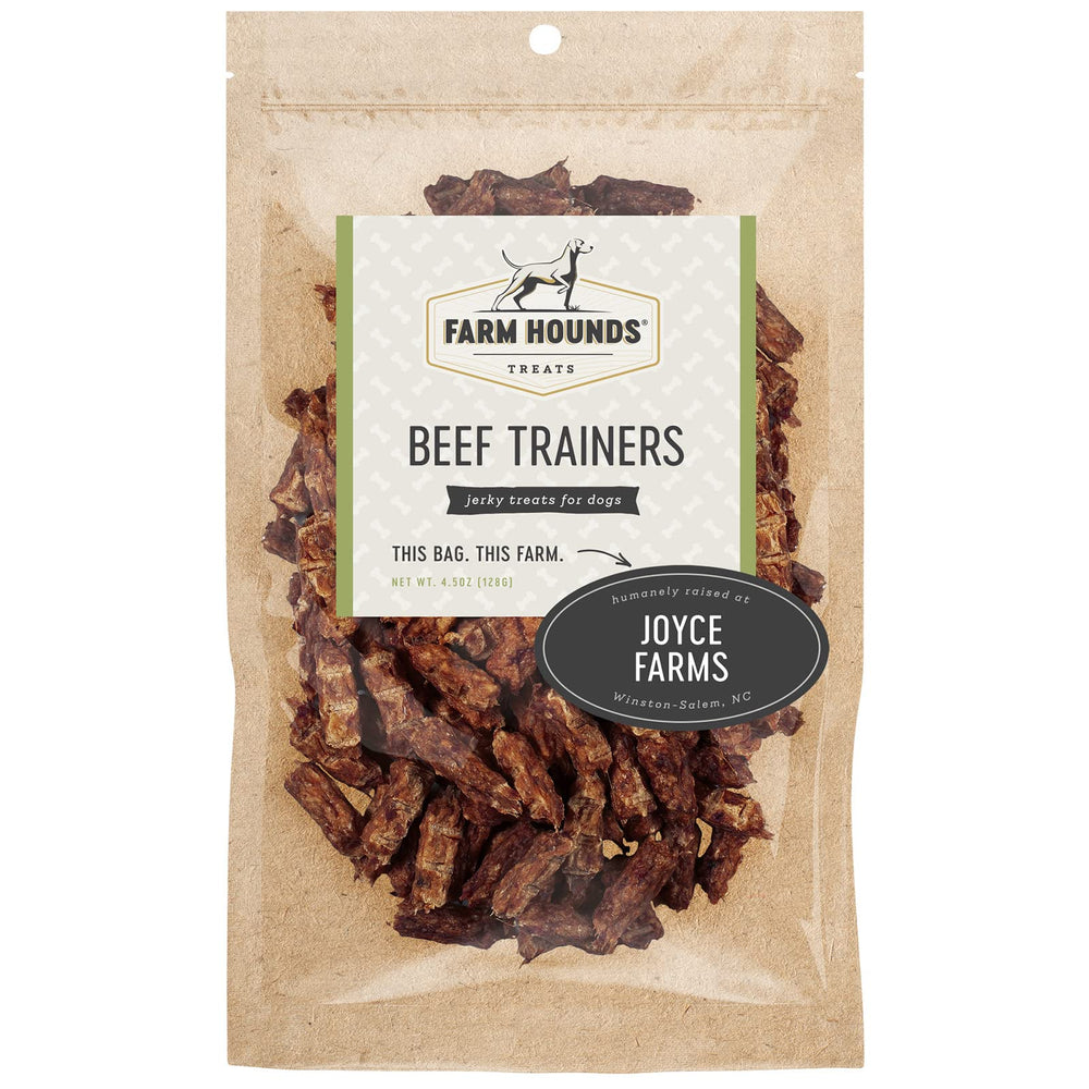 Farm Hounds Beef Trainers pack showing easy-break jerky for training rewards