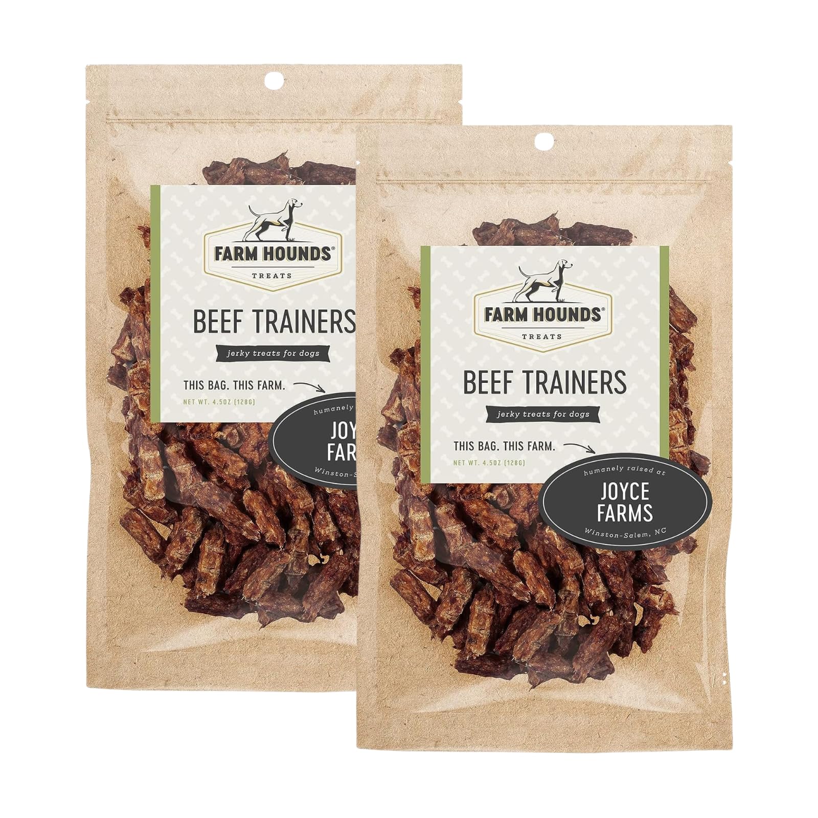 Farm Hounds Beef Trainers two-pack front label shows humane sourcing for training rewards.