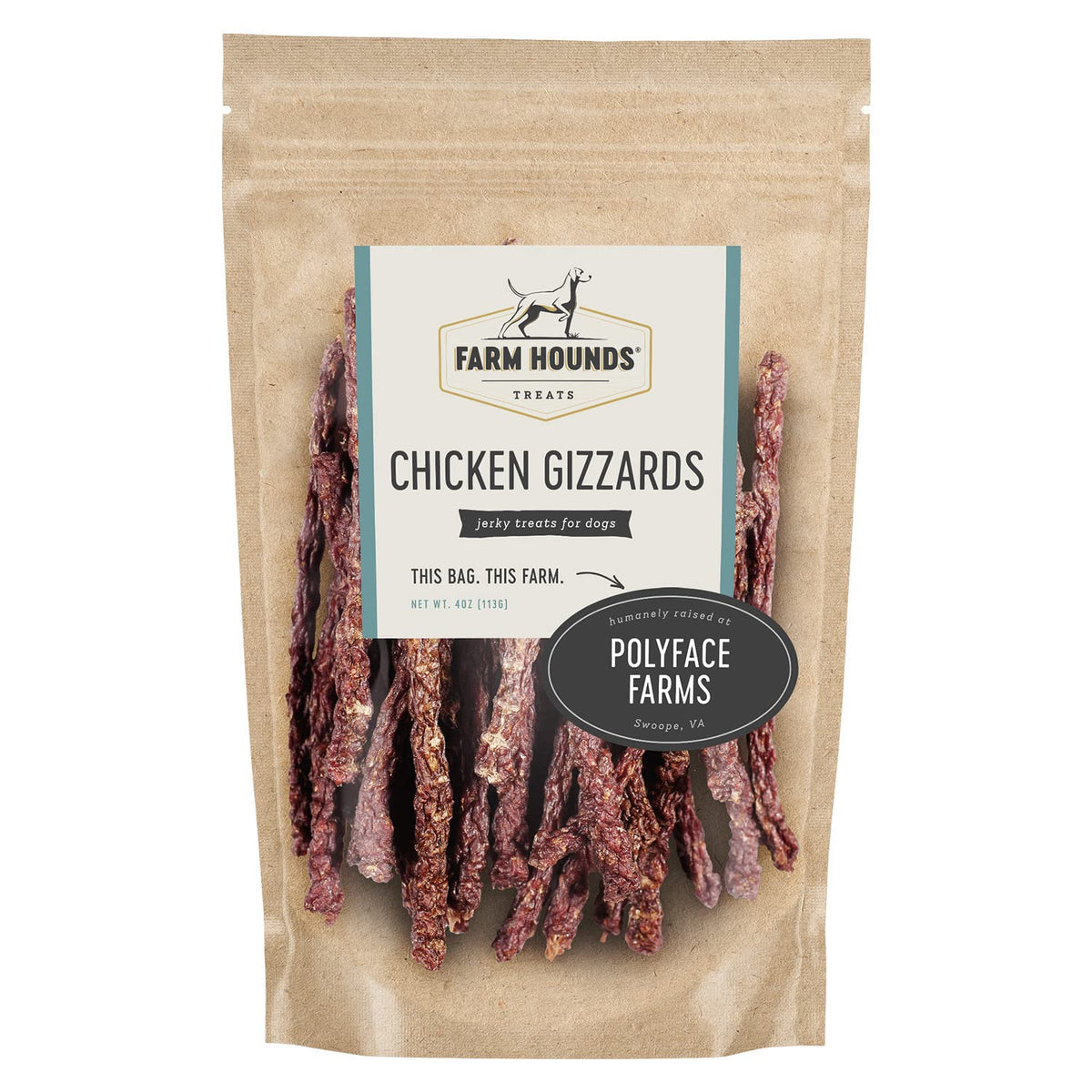 Farm Hounds chicken gizzards pack front, 4 oz, training-friendly jerky for dogs.