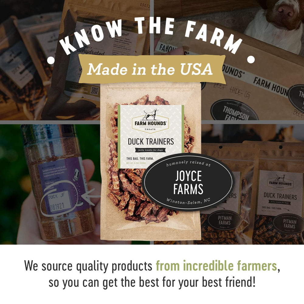 Farm Hounds dehydrated jerky texture close-up, nutritious dog snack without fillers.
