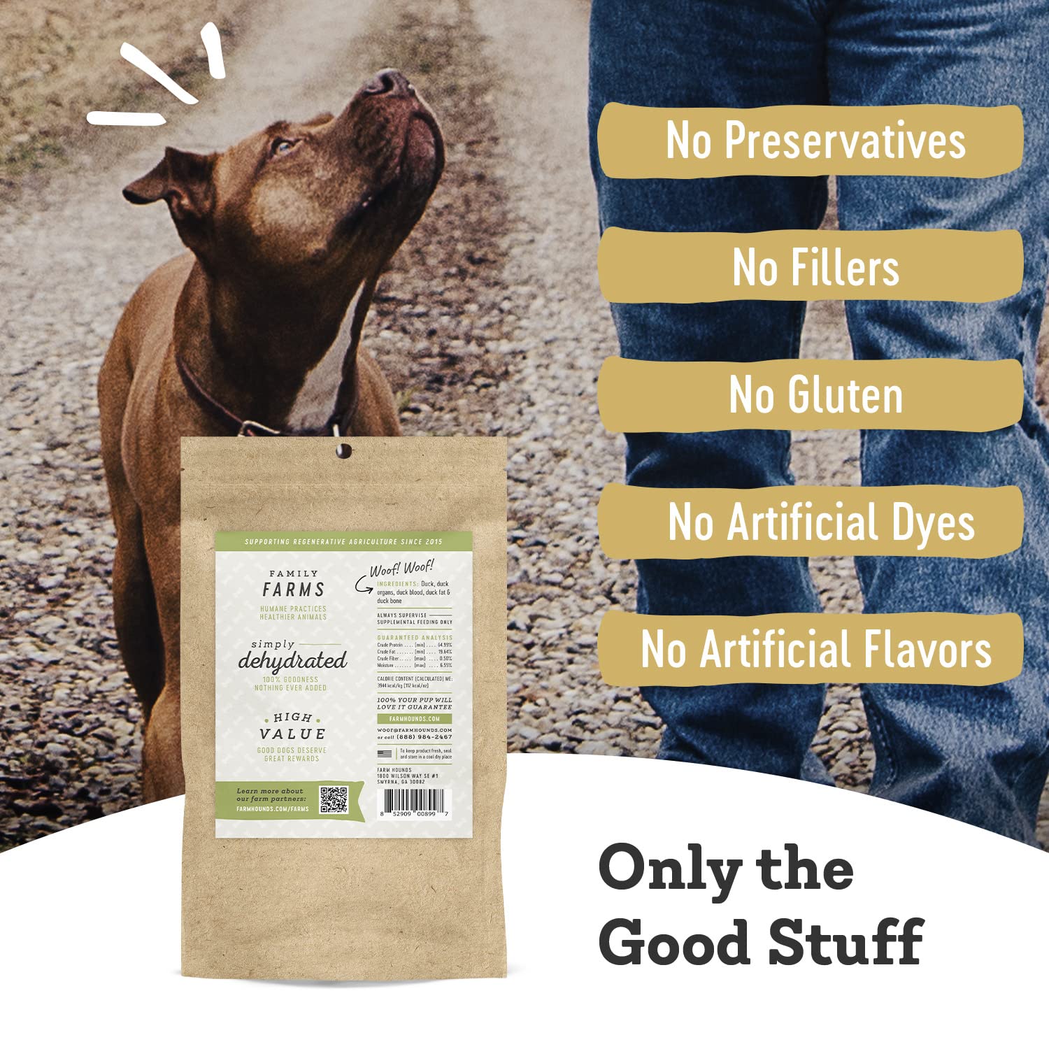 Farm Hounds pack-front image, 4.5 oz bag ready for training sessions.