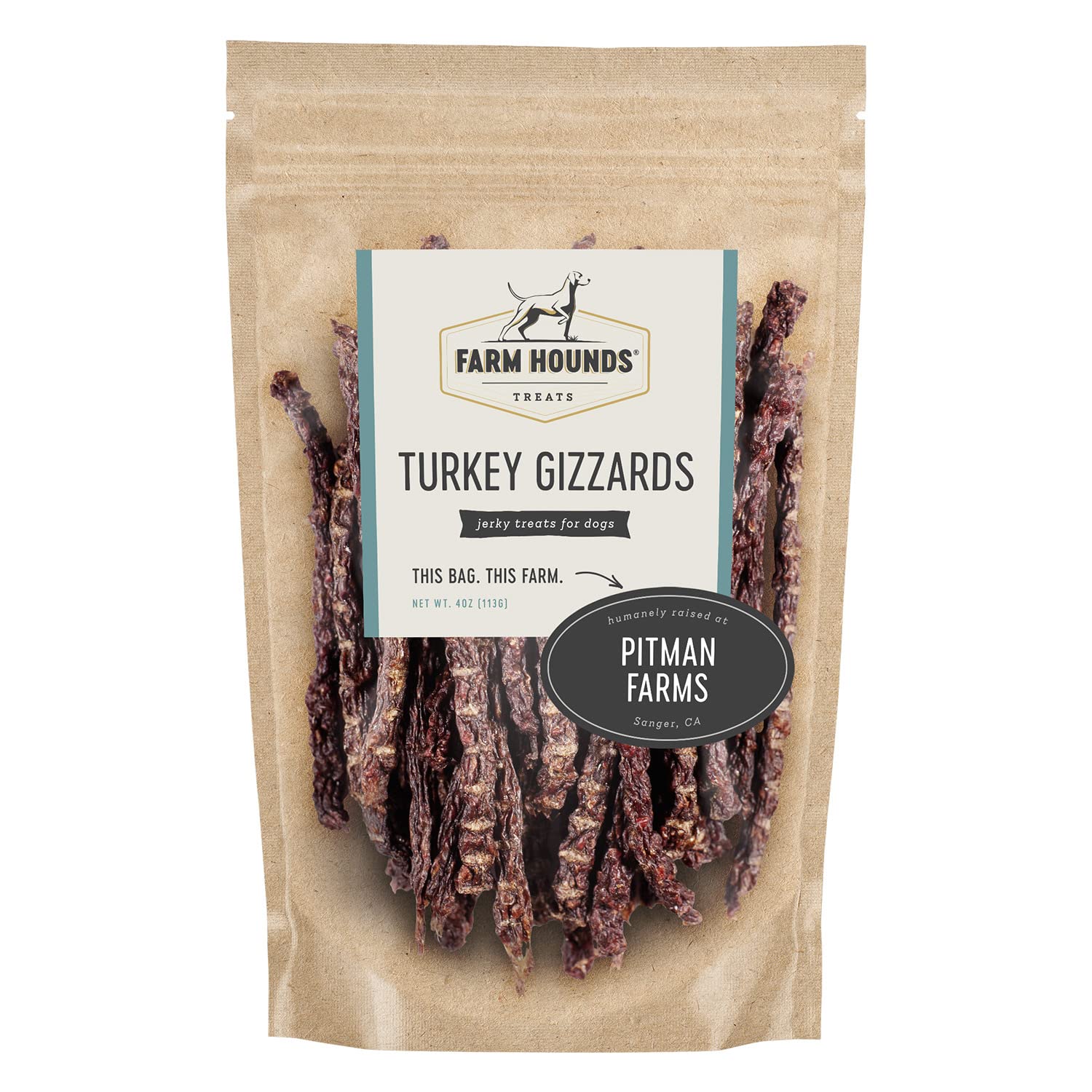 Farm Hounds turkey gizzards pack front, premium single-ingredient dog treat ideal for training rewards.