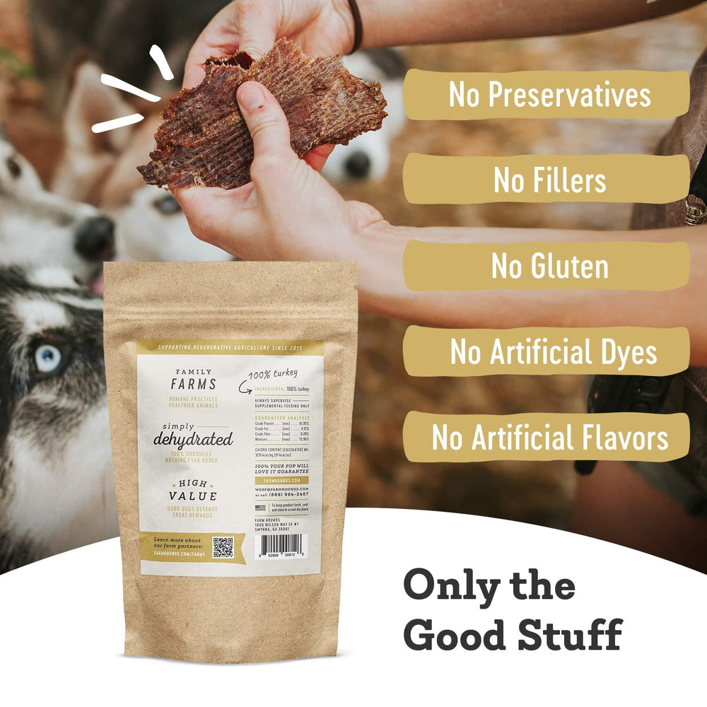 Farm Hounds Turkey Jerky 100-percent meat focus highlights pure protein without fillers.