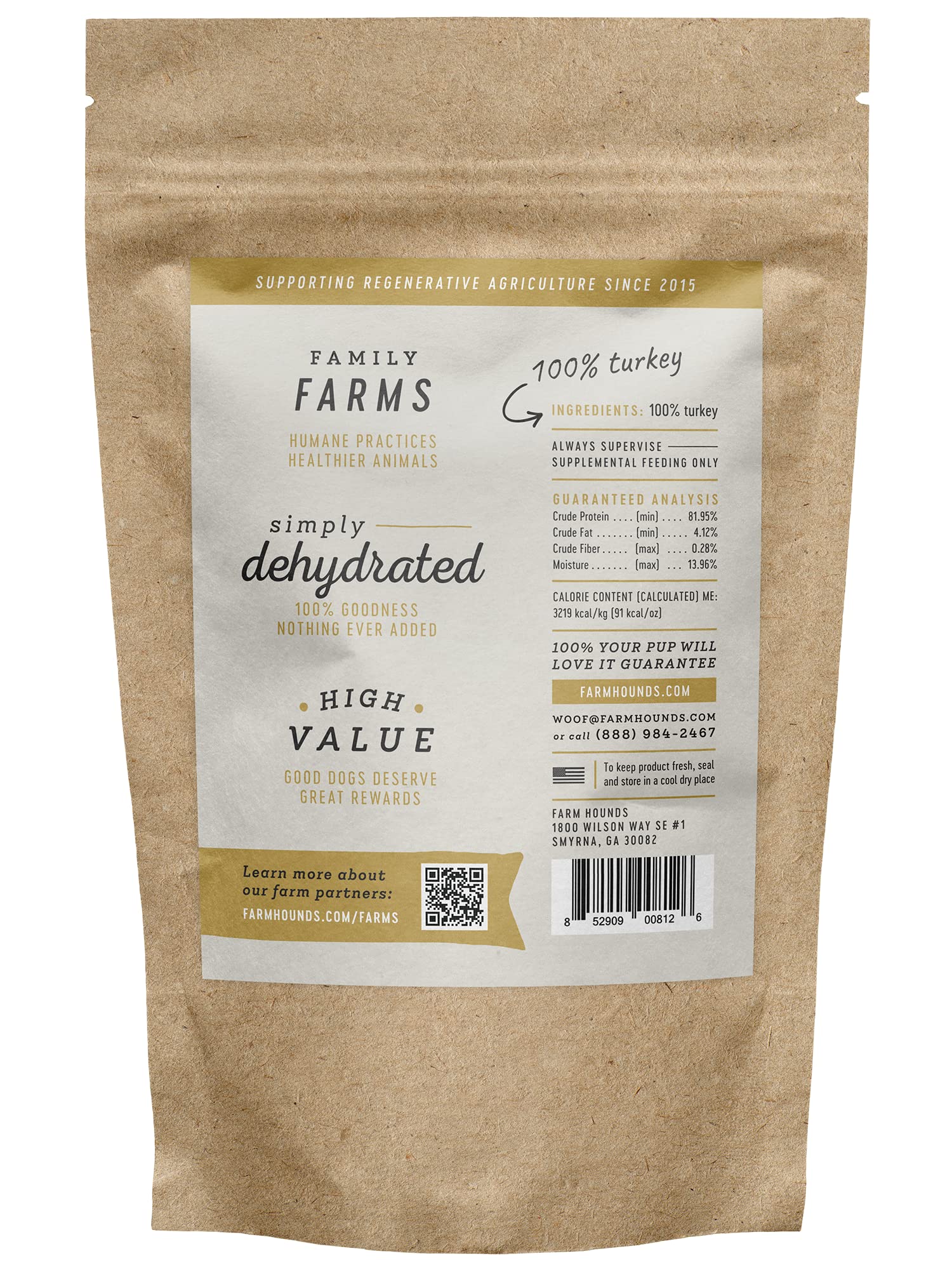 Farm Hounds Turkey Jerky no-fillers visuals suggest clean, guilt-free snacking.