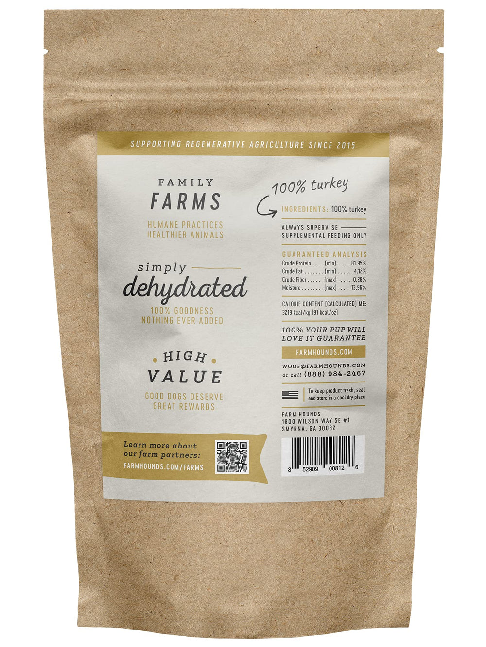Farm Hounds Turkey Jerky no-fillers visuals suggest clean, guilt-free snacking.