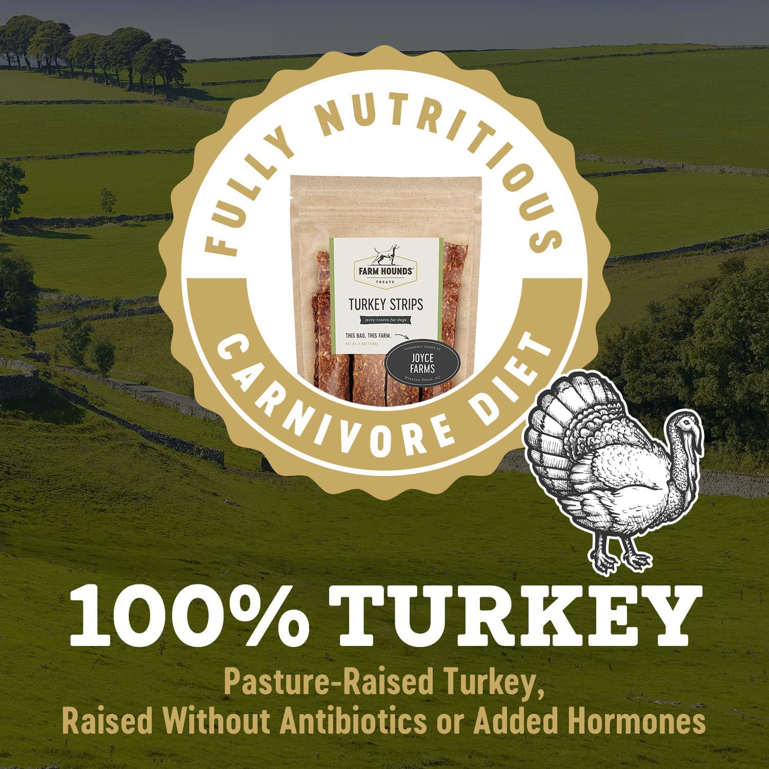 Farm Hounds Turkey Strips nutrition panel highlights natural ingredients and protein-rich chew